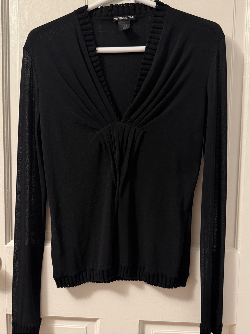 VTG Vivienne Tam Black Long Sleeve Power Net Mesh Top with Pleated Front, 2